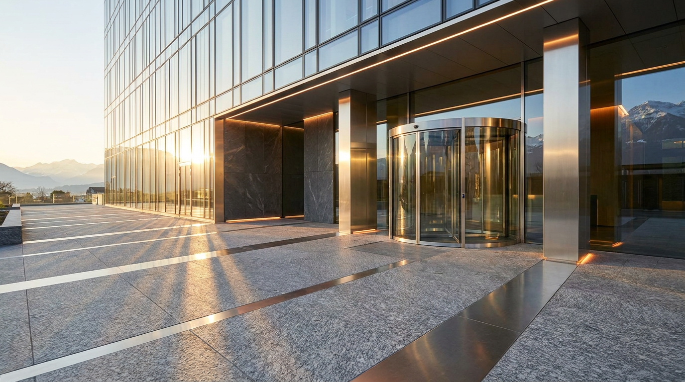 Premium-Eingangsbereich eines Bürogebäudes mit Drehtür
